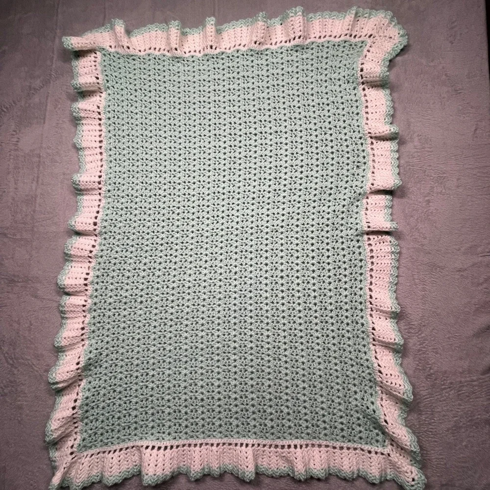 Handmade Crochet Baby Blanket Set 2pc Mint Green White Chevron Blue Multi